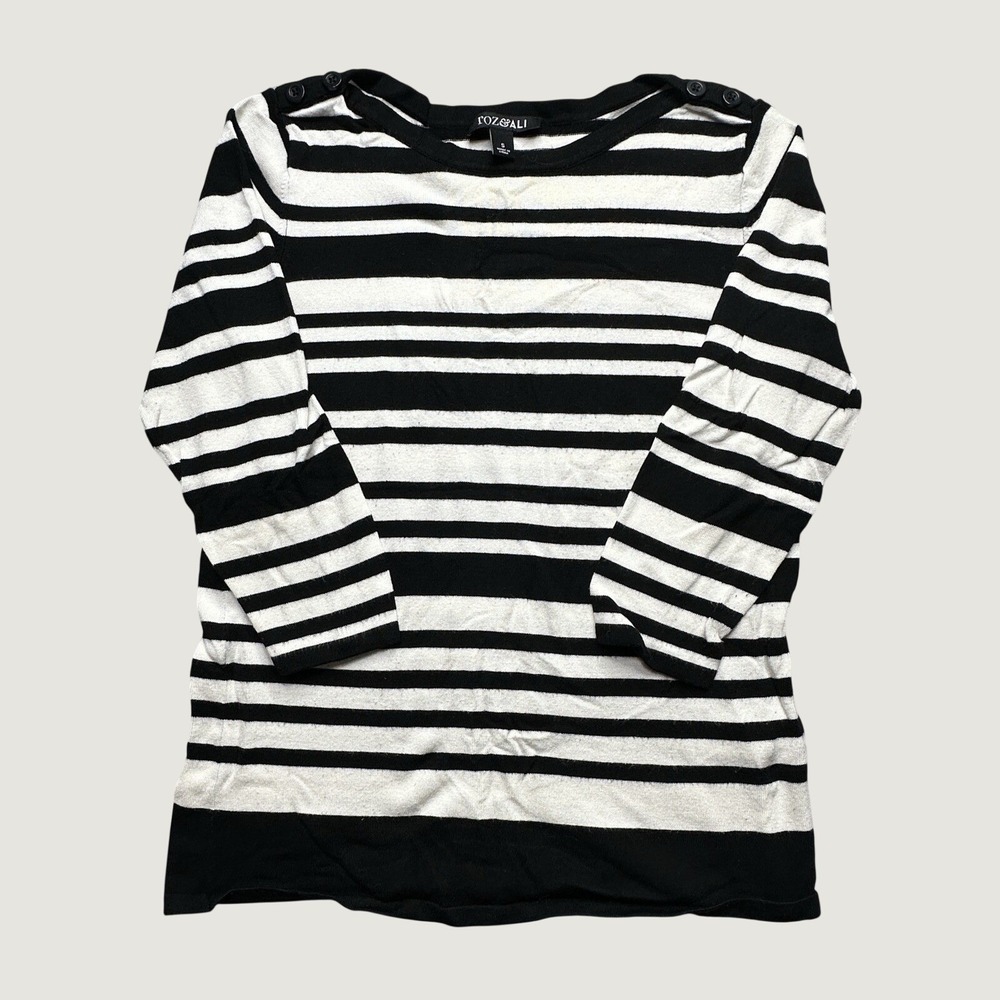 Roz & Ali Sweater Womens S Black White Striped Boat Neck Button Shoulder 3/4 Slv